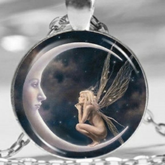 FAIRY NECKLACE fairy is looking at Crescent Moon mystical magical … - Picture 1 of 3